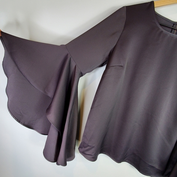 Ro & De Satin Crew Neck Dramatic Voluminous Bell Sleeve Zip Back Top Grey Small - Picture 3 of 9